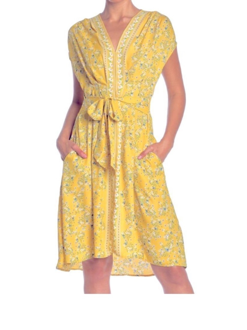 Max Studios Yellow Floral Tie-Waist V-Neck Dress